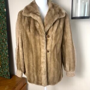 Vintage Size L Tissavel Faux Fur Coat Honey Beige Knit Trim Imported from France